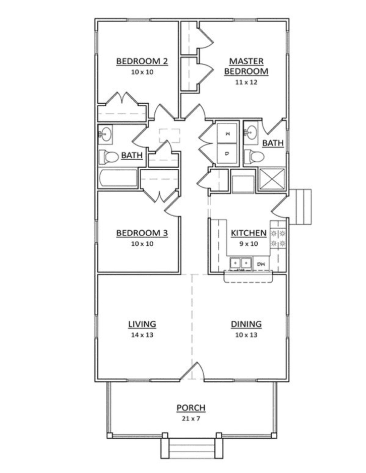 Desain dan denah rumah sederhana 3 kamar teras besar. 