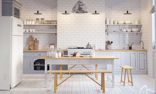 Dengan rak terbuka atau gantung, dapur dengan kitchen set minimalis ini terlihat lebih lega. (Foto: home-designing.com)