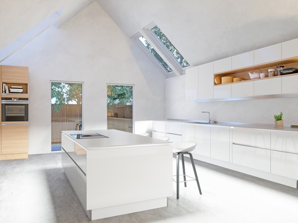 Area dapur pada rumah minimalis sederhana bisa terlihat mewah berkat pemilihan kitchen set modern. (Foto: Homestratosphere.com)