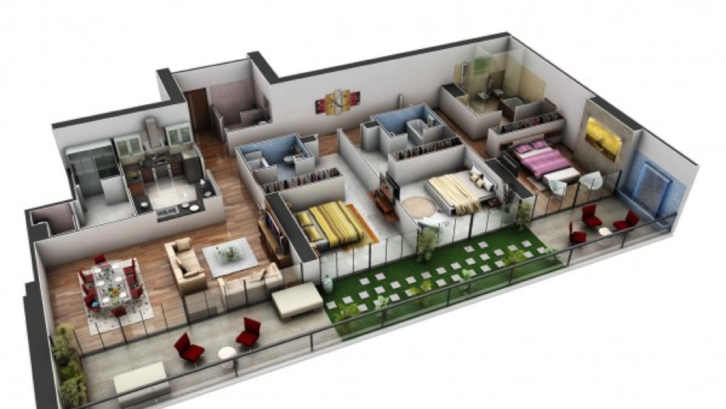 Desain rumah sederhana 3 kamar sejajar.
