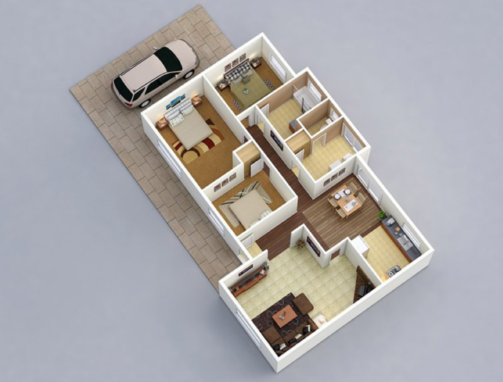 Desain rumah sederhana 3 kamar memanjang.