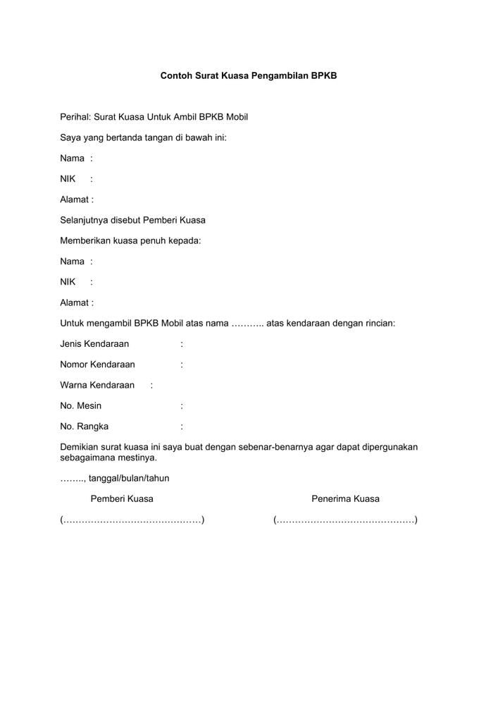 1. Contoh Surat Kuasa Pengambilan BPKB