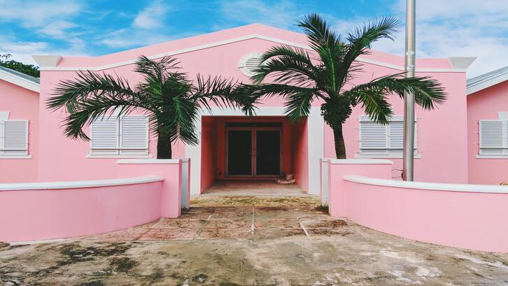 Padukan warna cat luar rumah pink bersama pintu kayu dan hias kedua sisinya dengan tanaman hijau yang memikat mata. (Foto: Unsplash - Patrick Tomasso)