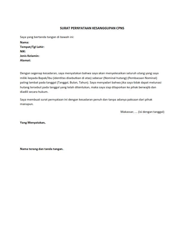 1. Surat Pernyataan Kesanggupan CPNS