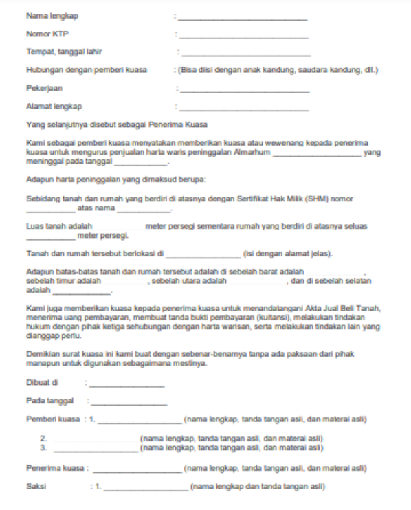 Contoh Surat Ahli Waris Sebidang Tanah