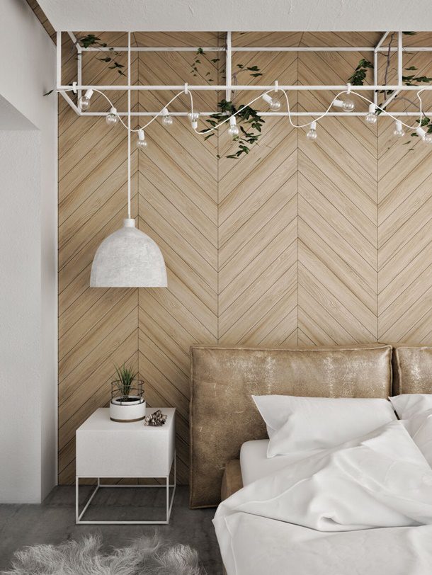 Pola teratur seperti herringbone atau chevron membuat dinding kayu akan terlihat lebih atraktif. (Foto: Paintonline.org)