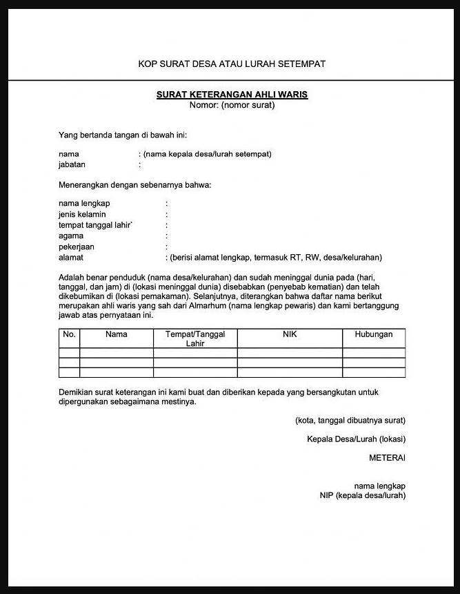 Contoh Surat Ahli Waris Sebidang Tanah dengan Tabel