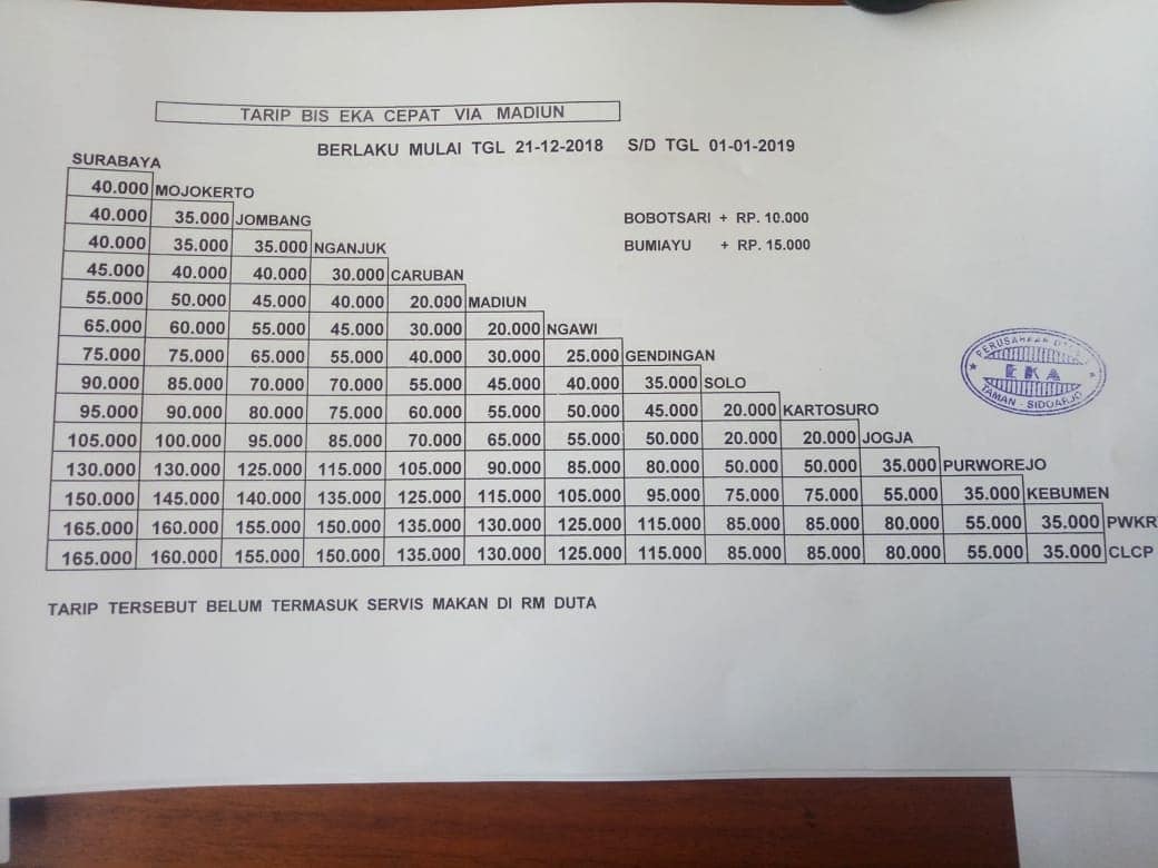 Informasi Tarif Harga Tiket Bus Eka Terbaru Tahun.