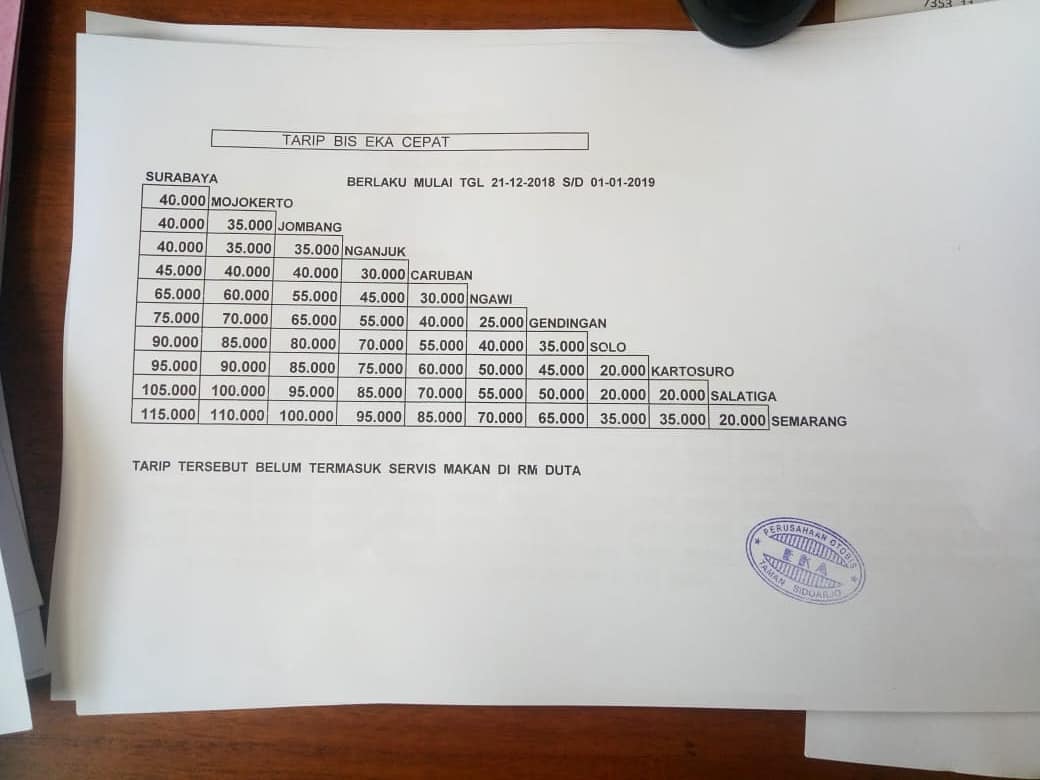 Informasi Tarif Harga Tiket Bus Eka Terbaru.